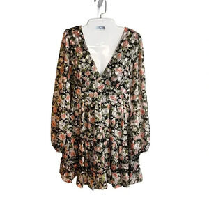 New All in Favor Jacquard Floral Long sleeve‎ Mini Dress Tiered Ruffle Women’s S
